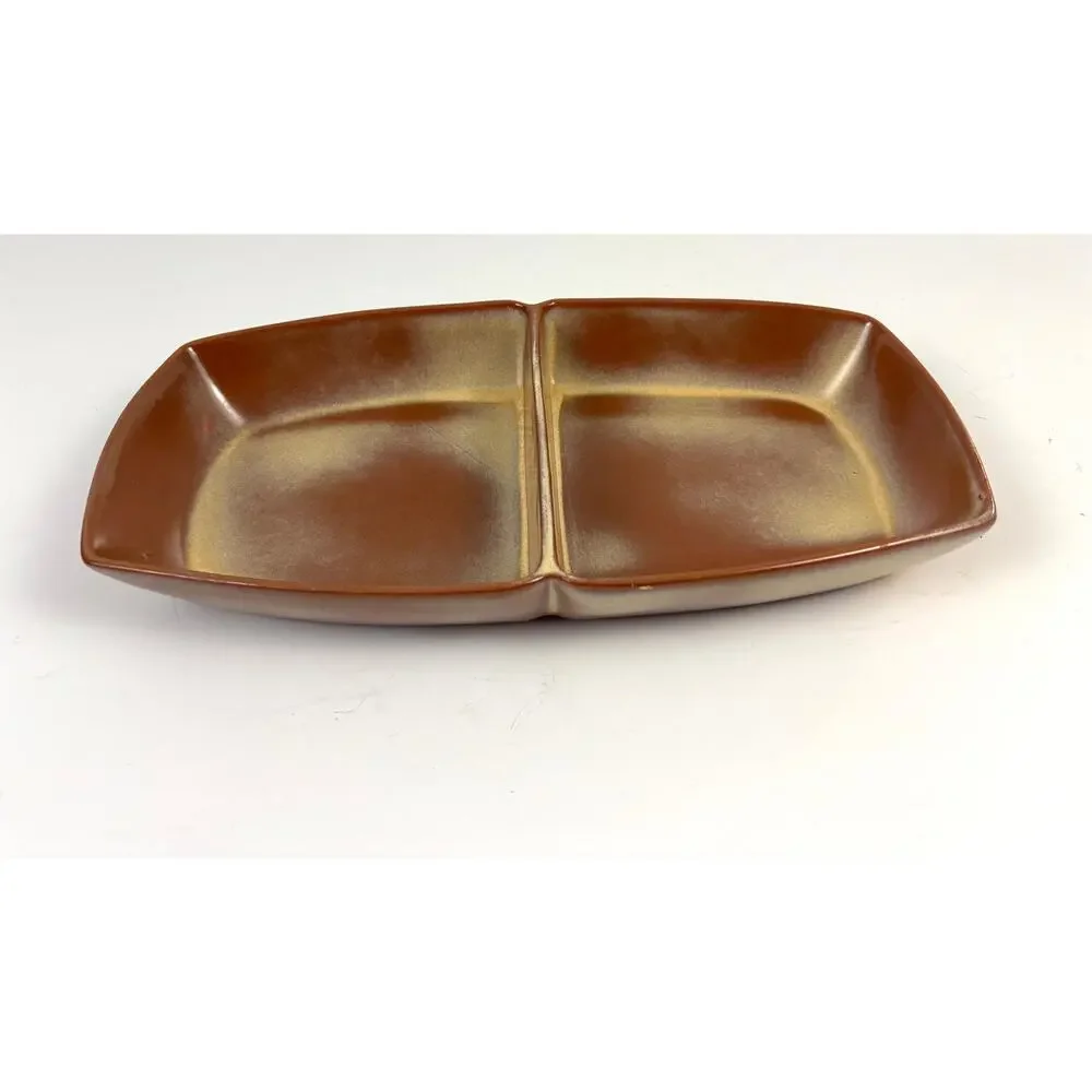 Vtg MCM Frankoma Pottery Divided Dish Serving Bowl Desert Gold‎ USA
